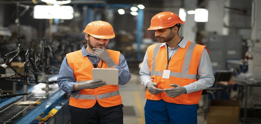 Dois homens conversando sobre opções sustentáveis para a empresa